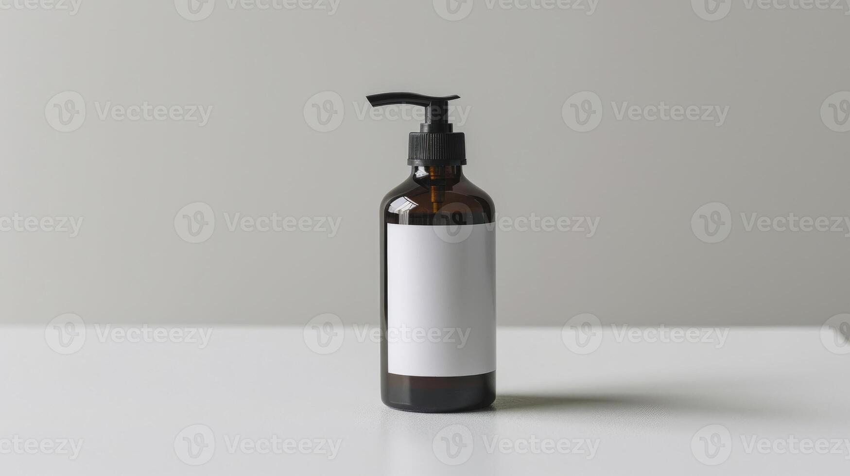 front view of cosmetic bottle with label, standing on a table, white background photo