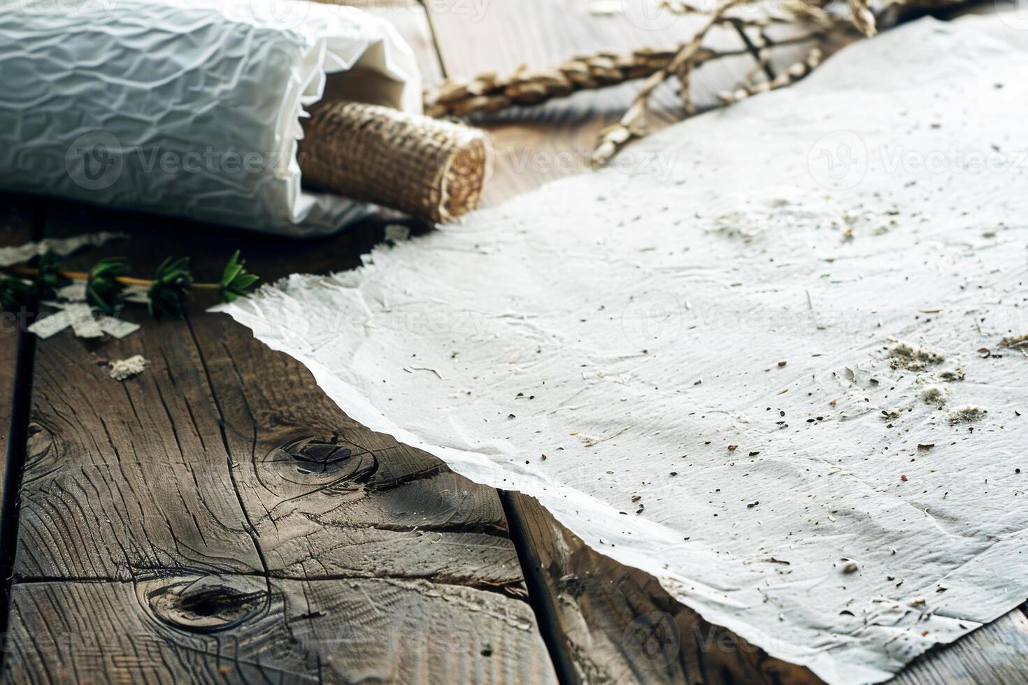 Plantable seed paper showcased on a wooden surface with visible seeds, accompanied by dried plants and twine, emphasizing eco-friendly intentions. photo
