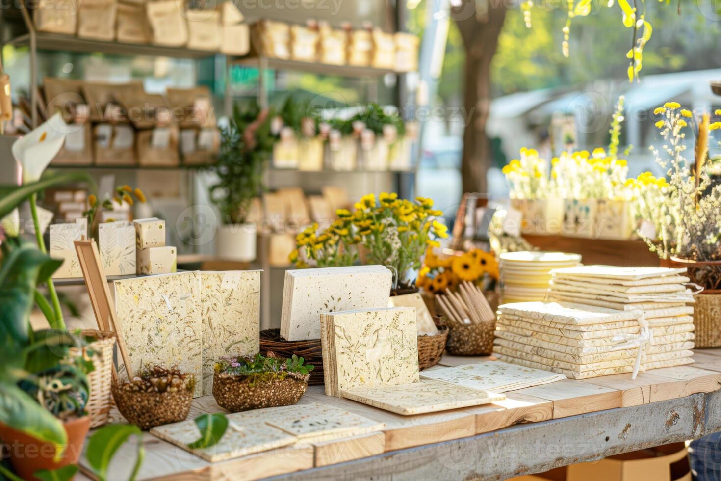 Assortment of plantable seed paper products on a sunny eco-market stall, promoting sustainability through notebooks, cards, and potted plants. photo