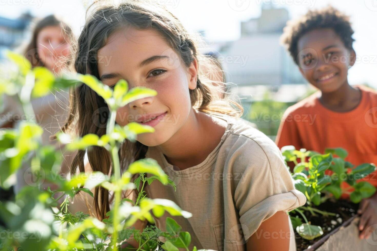 Diverse school children participating in a rooftop garden learning workshop project. Sustainability focused generation alpha. Teenage girl surrounded kids research ecosystem and plant conservation. photo