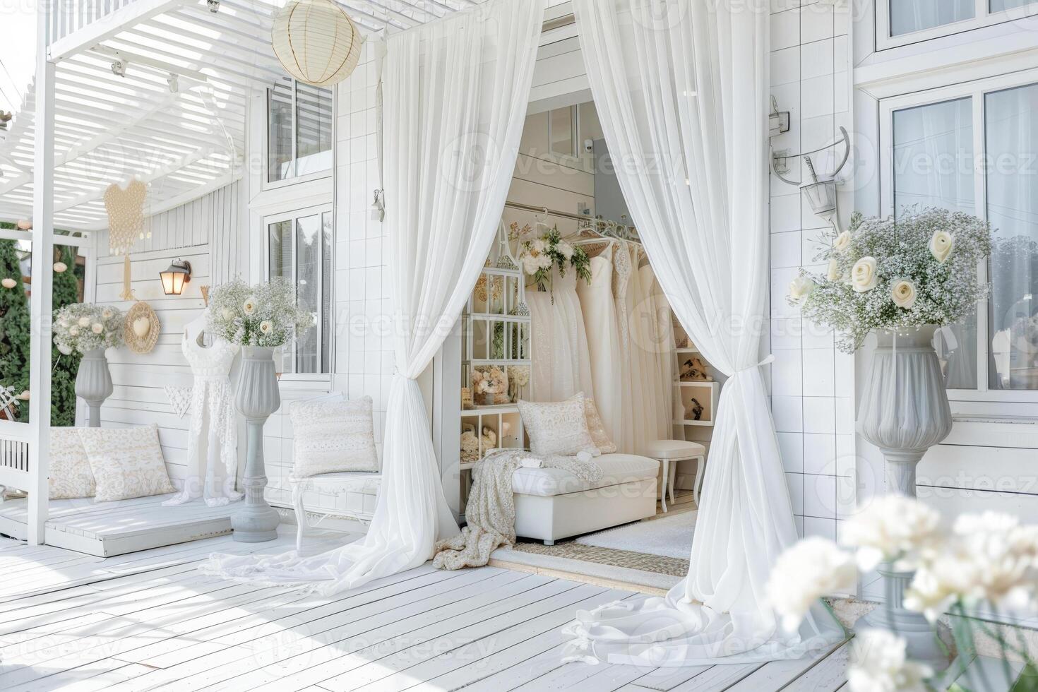 Wedding salon exterior with white wooden cladding and large display windows draped in semi-sheer curtains showcasing wedding gowns. Rustic charm photo