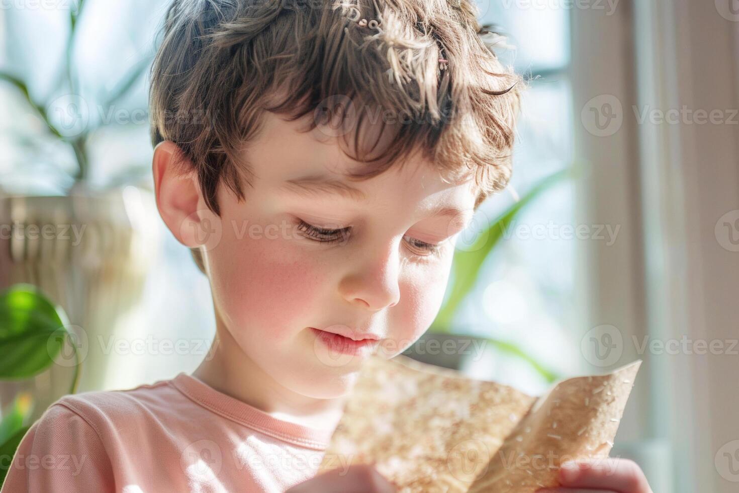 A 6-year-old boy delves into the world of sustainable practices by engaging with plantable seed paper. Clutching a biodegradable greeting card, his focused gaze reflect a lesson sustainability photo