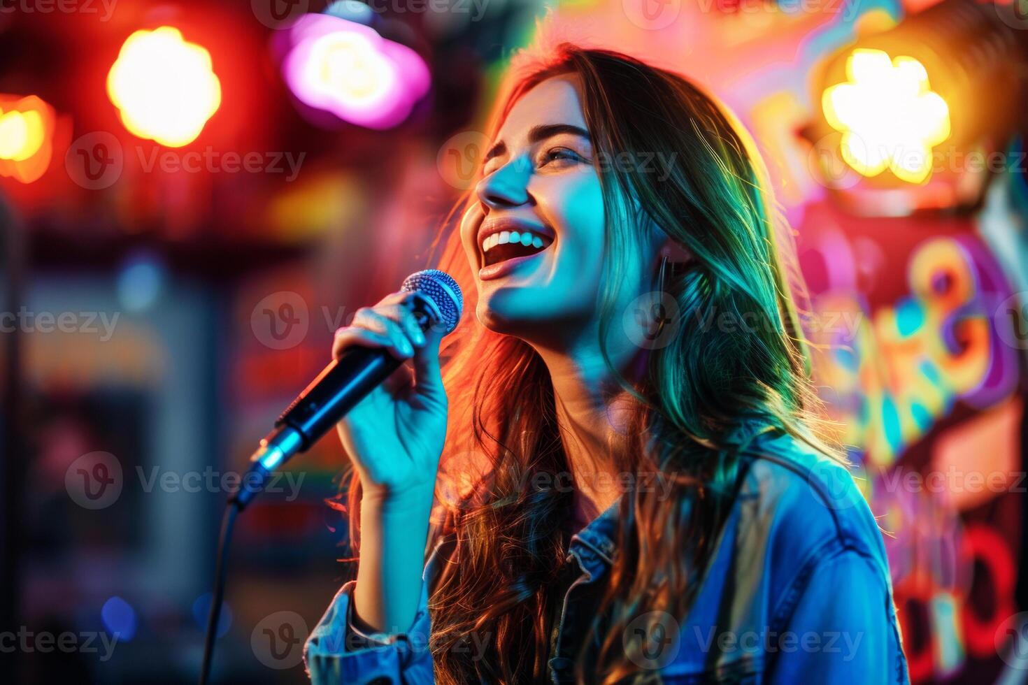 Young female comedian captivating the audience with her wit during an open mic night, highlighted by expressive gestures and a colorful stage backdrop. photo