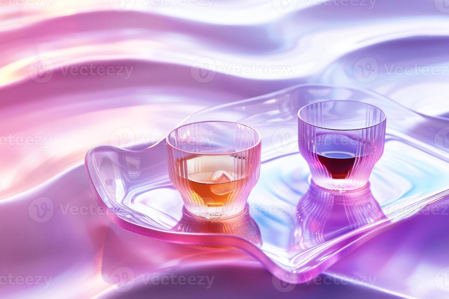 Two elegantly textured glasses with golden and dark red liquids on a reflective tray, set against a serenely undulating pink and purple background. photo