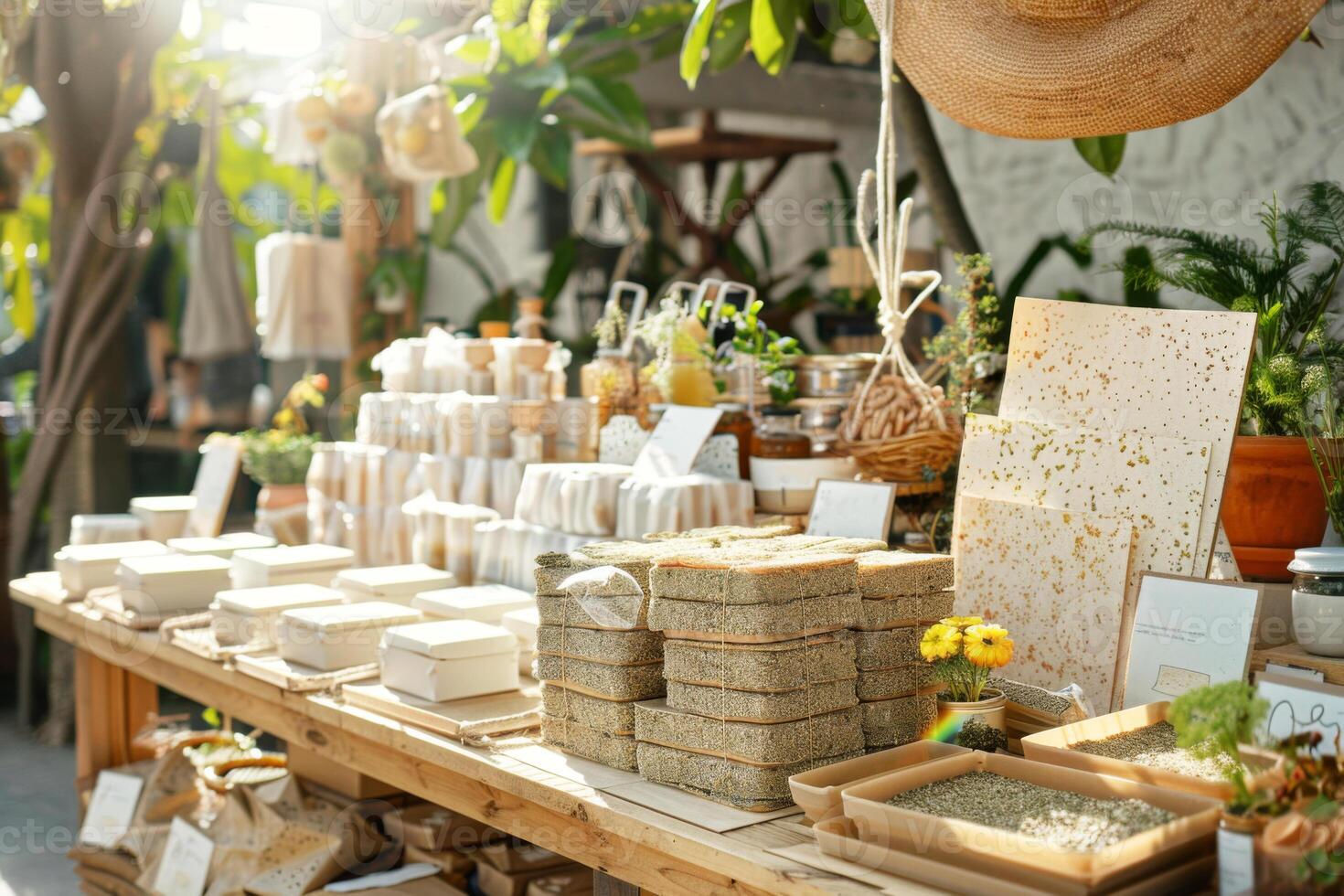 Plantable seed paper products attractively displayed at a local bargain market, promoting eco-friendly gardening and sustainability. photo