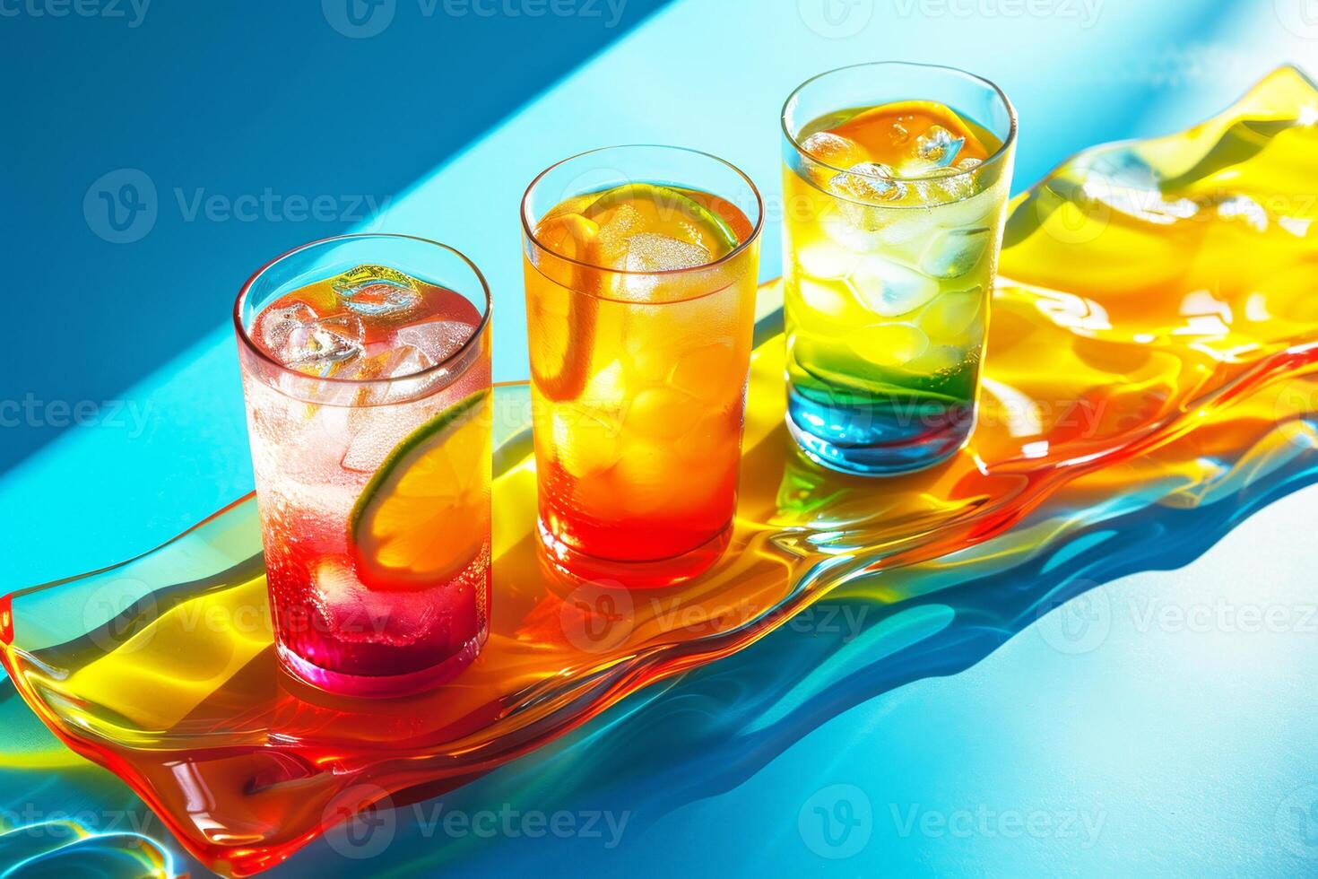 Three vibrant gradient drinks with citrus and ice, aesthetically placed. photo