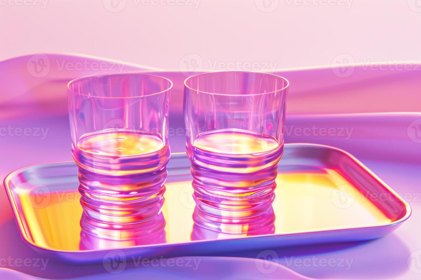 Two empty glasses in drink tray. Pink. yellow and violet gradient. photo