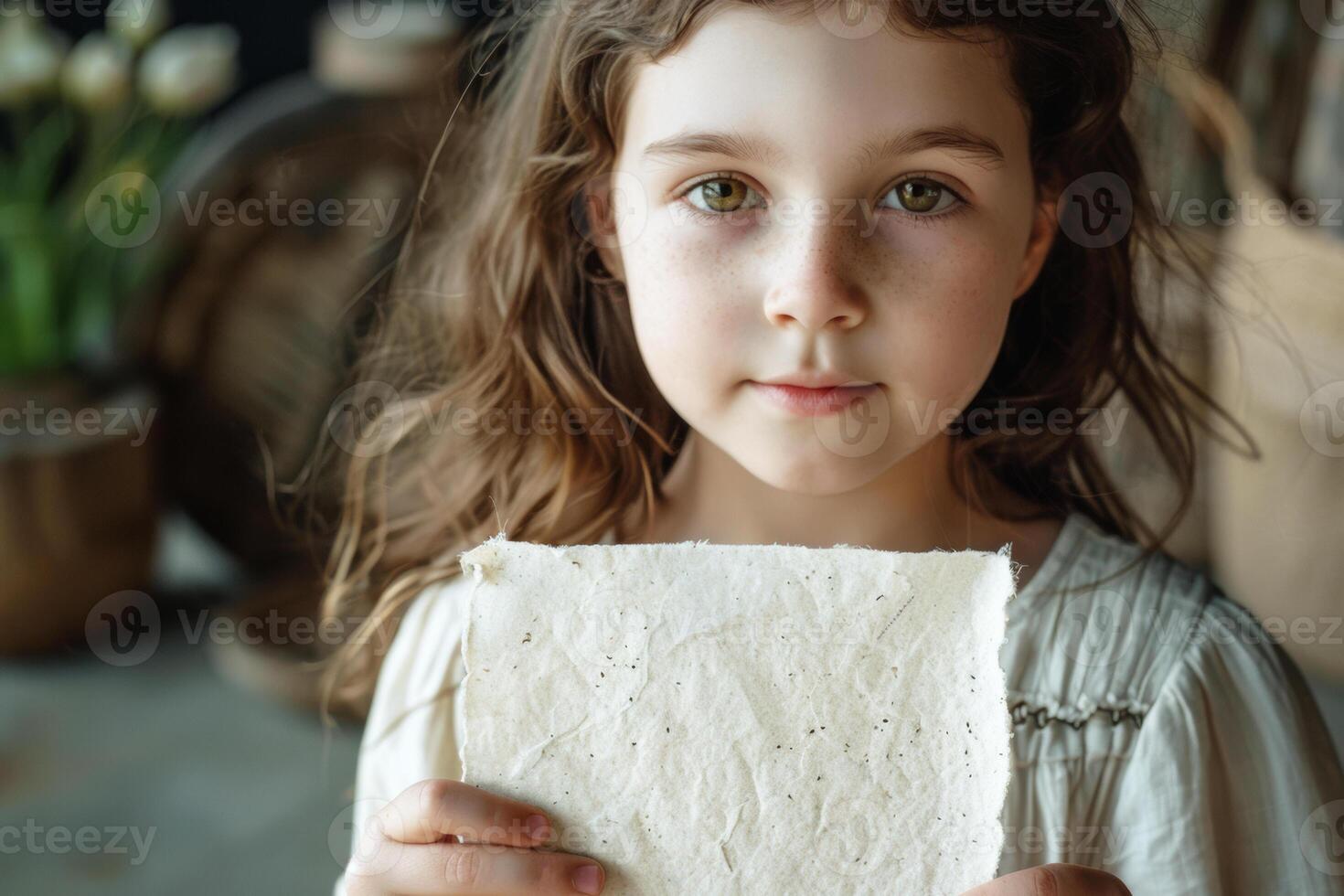 8 year old girl from Generation Alpha displays a sustainable greeting card made from plantable seed paper, showcasing a commitment to environmental education and green practices from a young age photo