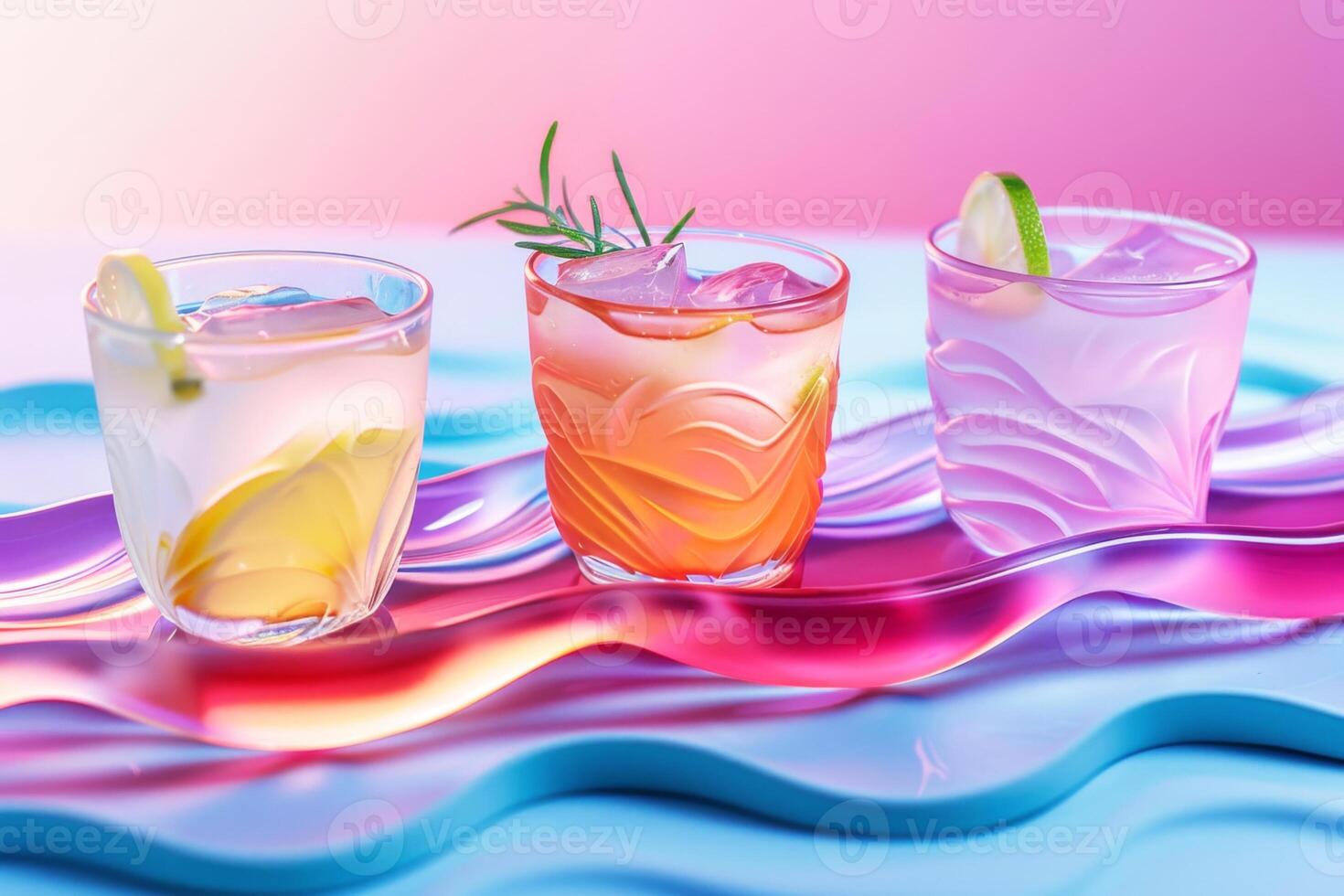 Trio of colorful summer drinks in patterned glassware on a dynamic blue and purple wavy backdrop, accentuated with fresh garnishes photo
