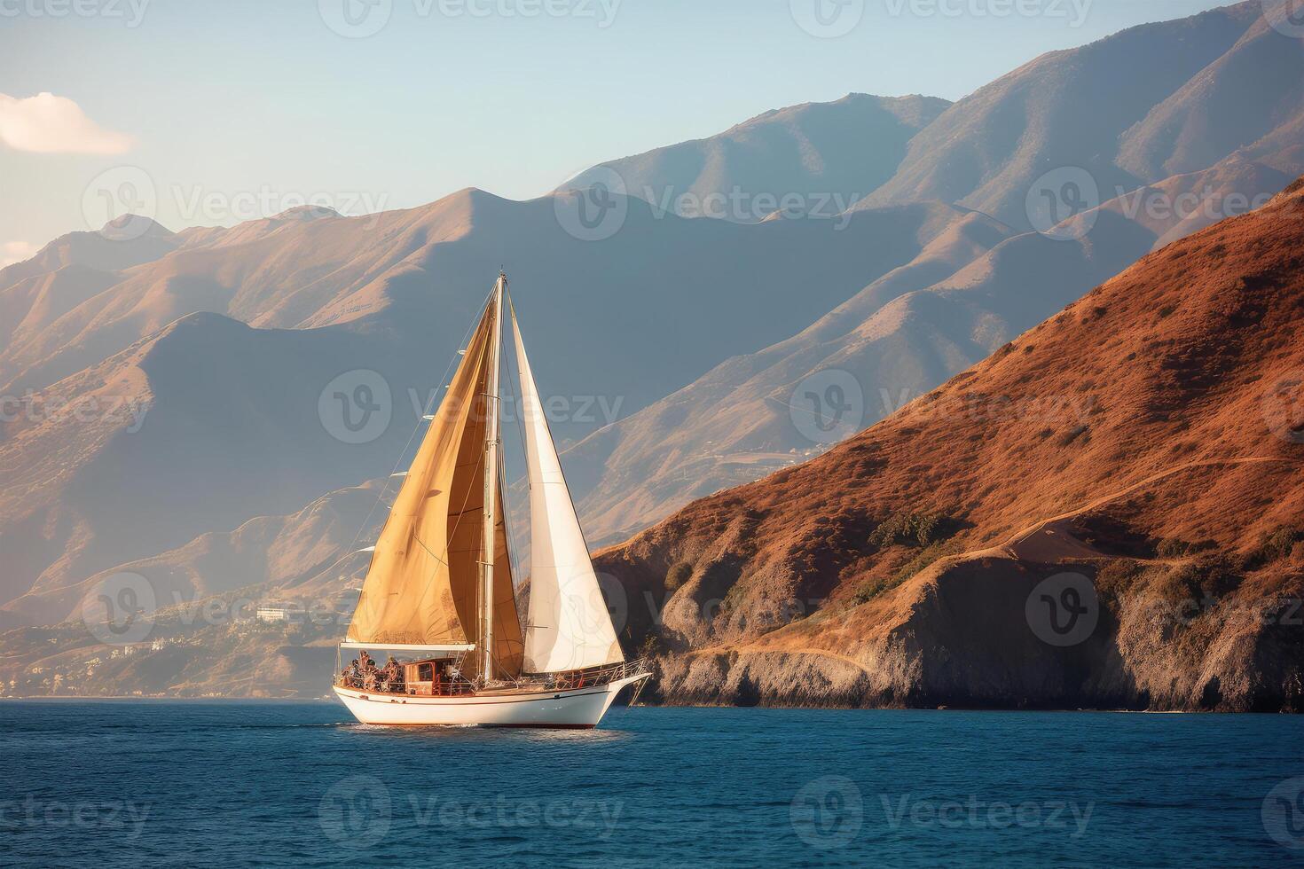 Sailing yacht in the sea against the backdrop of mountains photo