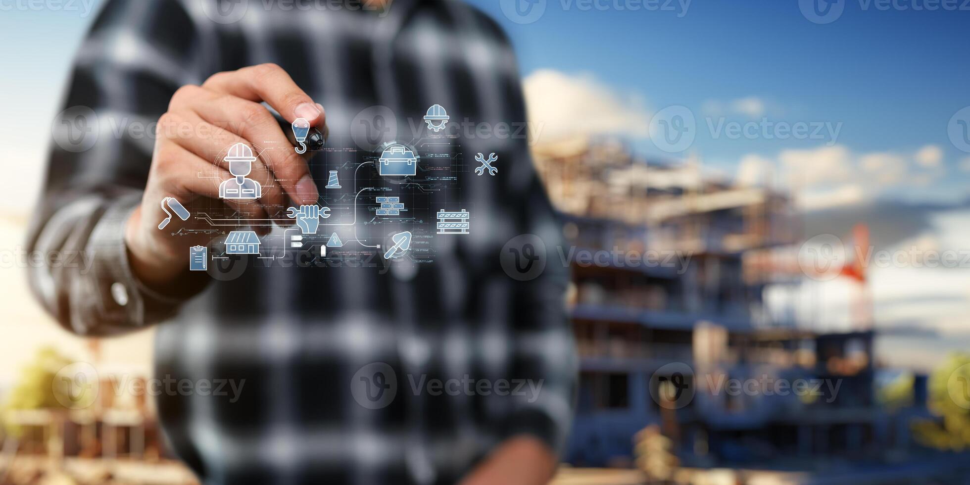 Engineer concept. Construction with machine icons or construction technology. photo