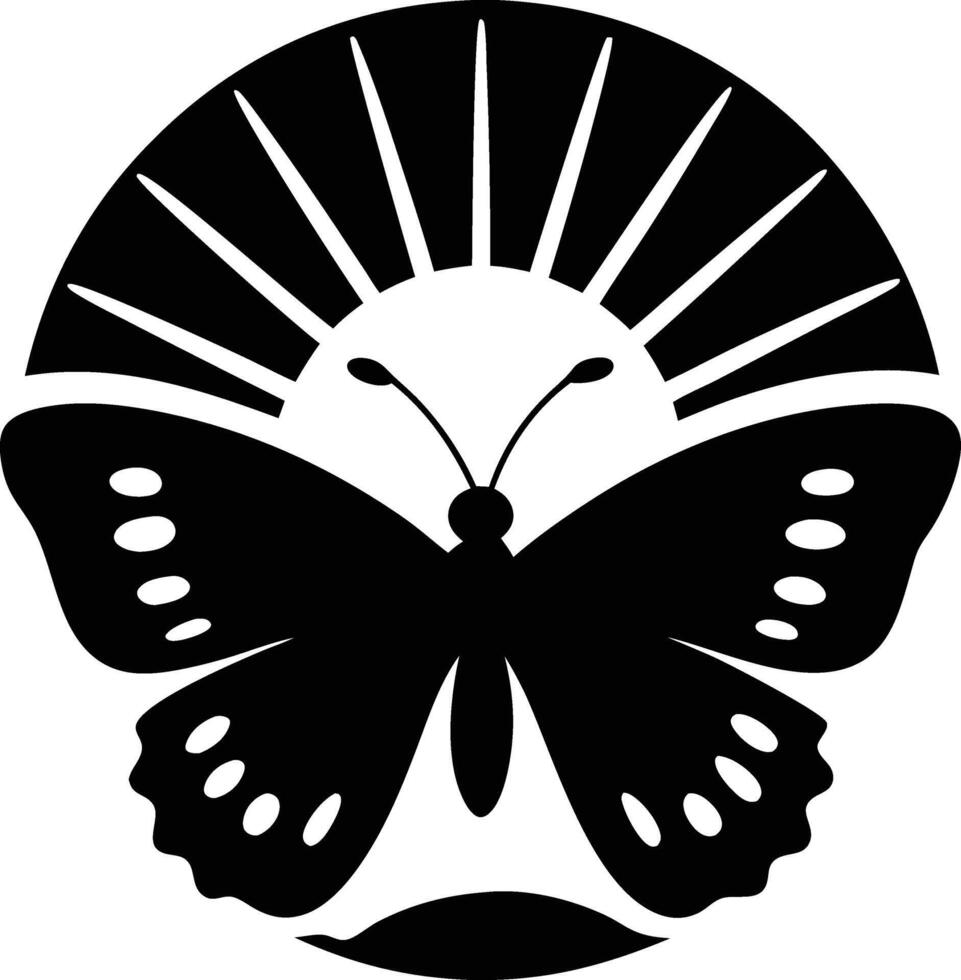 A silhouette of a butterfly soaring towards or against a setting of rising sun vector
