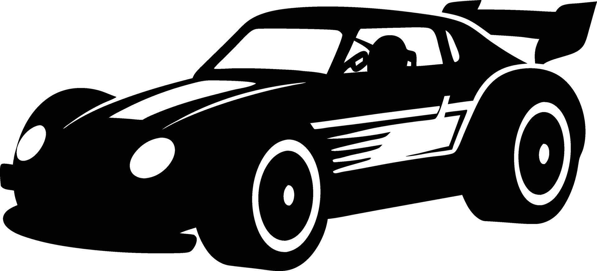 A black and white silhouette of a racing car vector