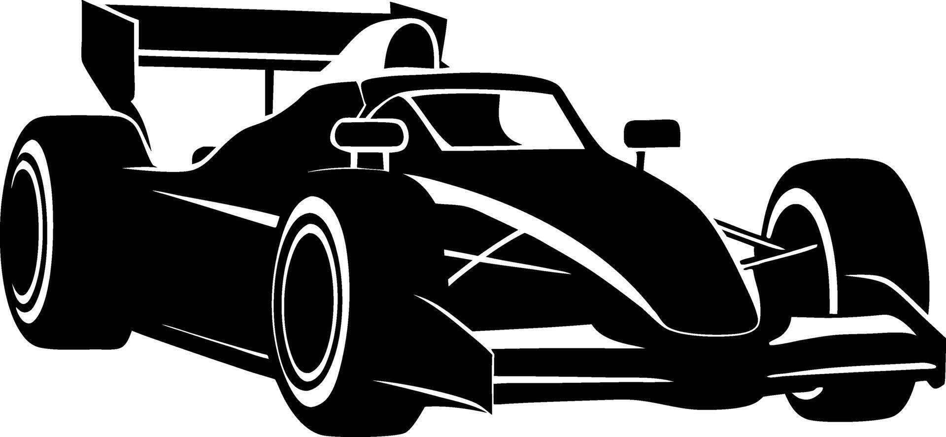 A black and white silhouette of a racing car vector