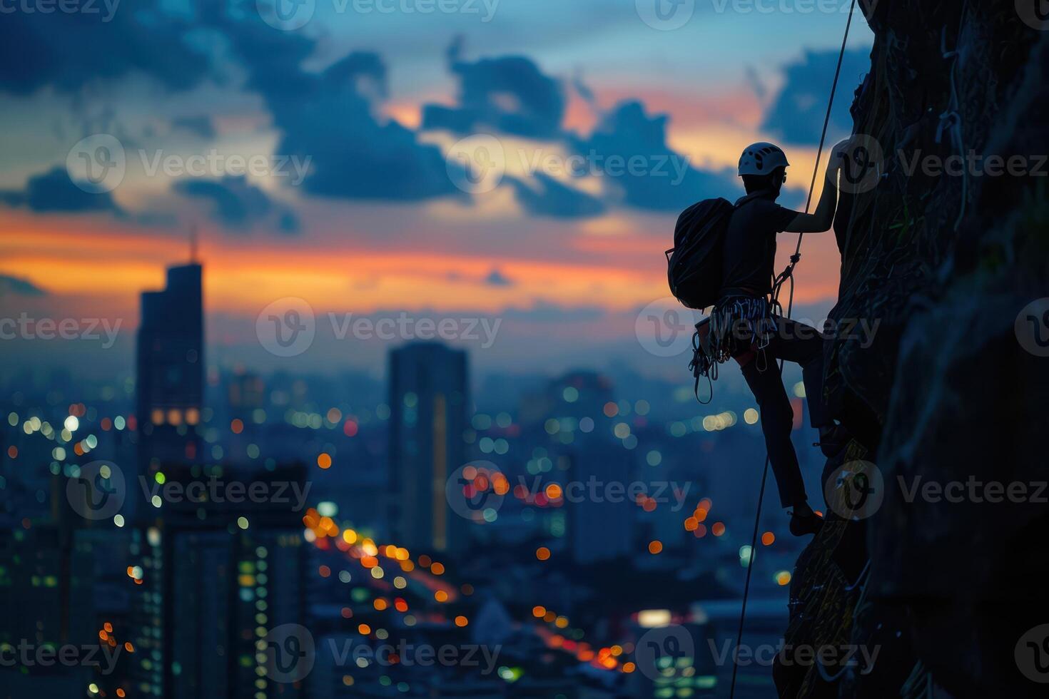rock climber on the edge of a cliff at sunset photo