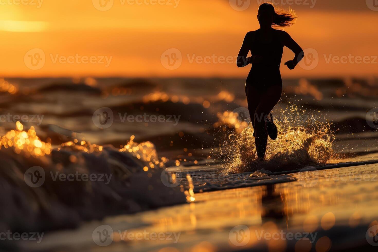 a woman running on the beach at sunset photo