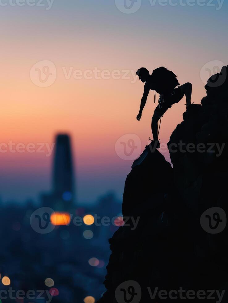 silhouette of a man climbing on a mountain at sunset photo