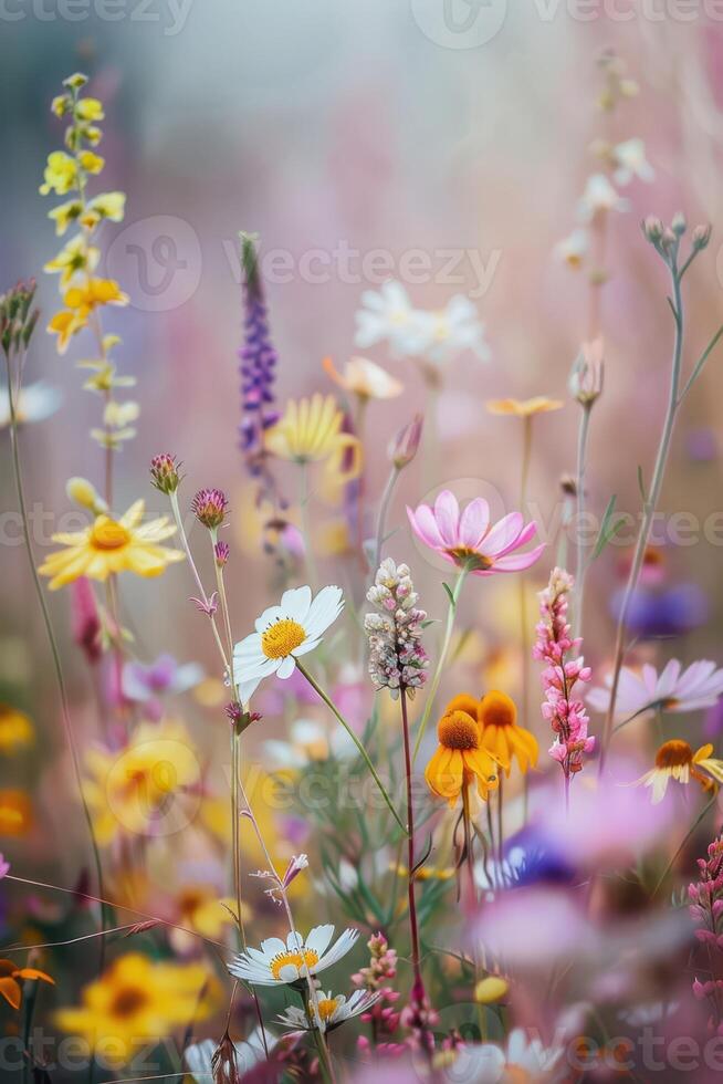 wild flowers in a field with a blurry background photo