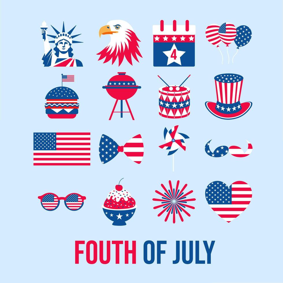 A collection of American icons and symbols for the Fourth of July. The icons include a hamburger, a hot dog, a baseball bat, a baseball, a flag, an American eagle, a drum, a hat, a pair of sunglasses vector