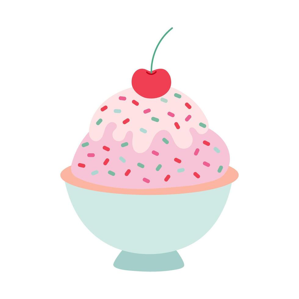 A cartoonish image of a bowl of ice cream with a cherry on top. The image has a playful and fun mood vector