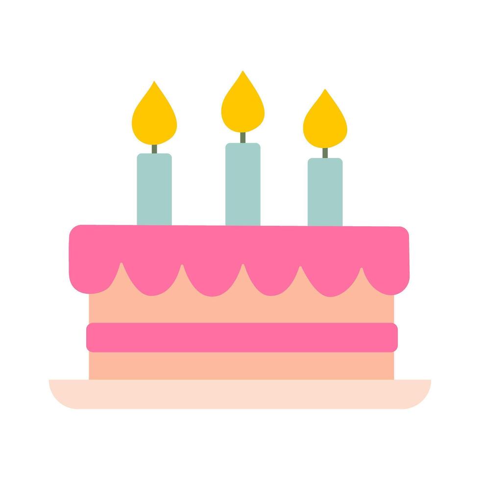 A pink cake with three candles on it. The candles are lit and the cake is on a white background vector