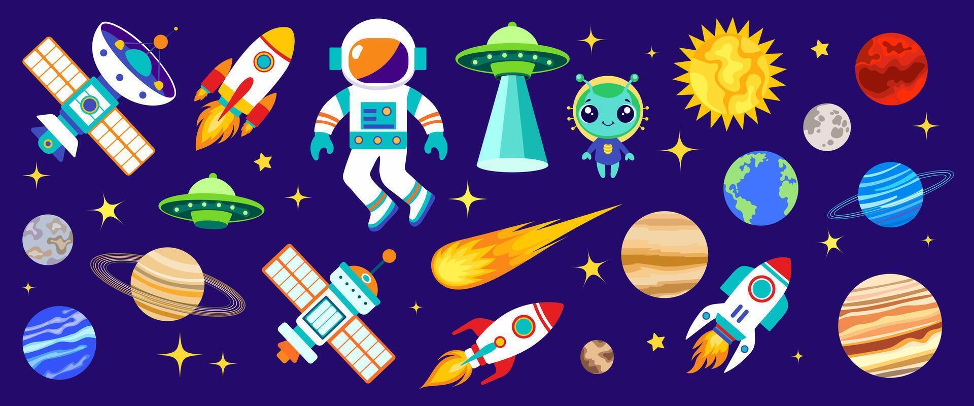 Space set. Cute cartoon illustration with astronaut, spaceship, planet, rocket, alien, satellite, ufo, comet, star vector