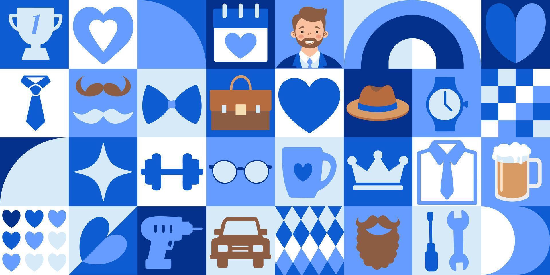 Happy Father's Day icons elements with geometric pattern. Bauhaus style vector