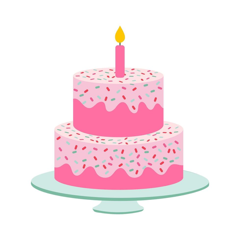 A pink birthday cake with a lit candle on top. The cake is decorated with sprinkles and has a white plate underneath it vector