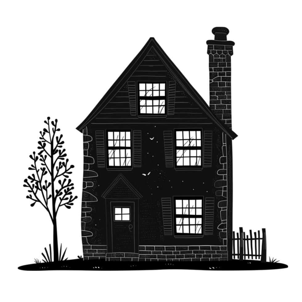 a black and white illustration of a house with a tree png