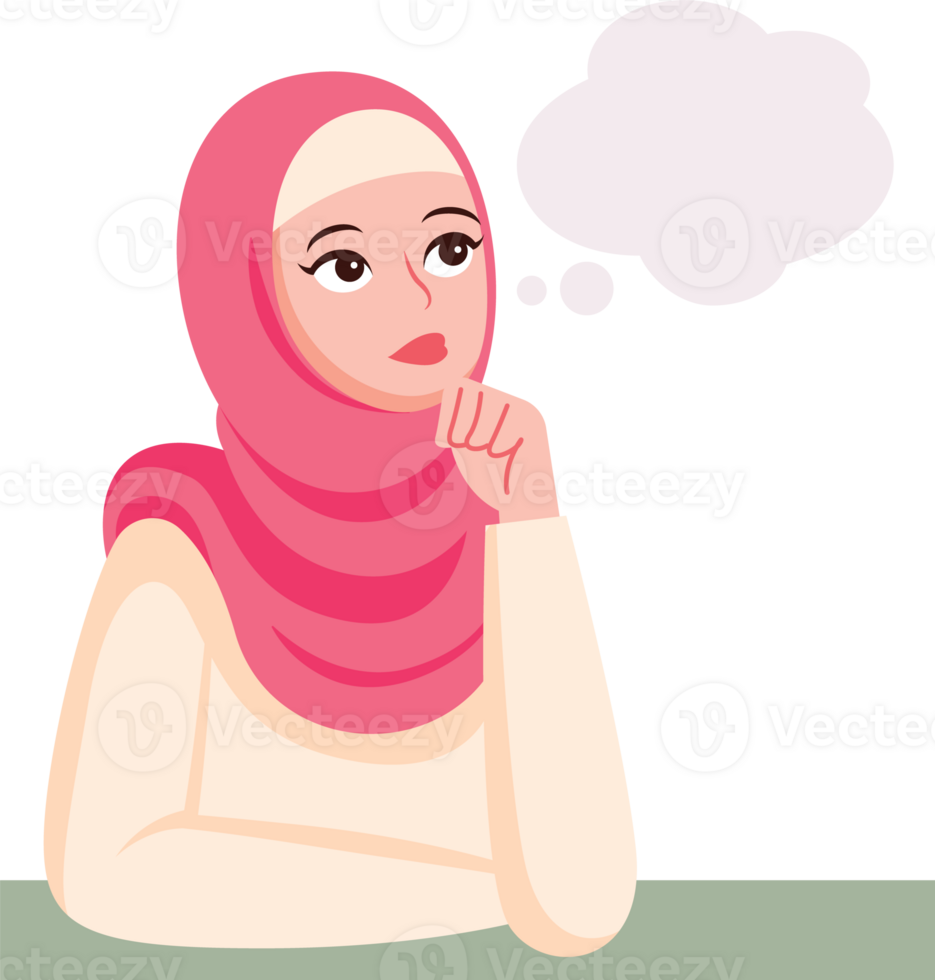 Muslim woman thinking hand gesture with empty bubble speech illustration png