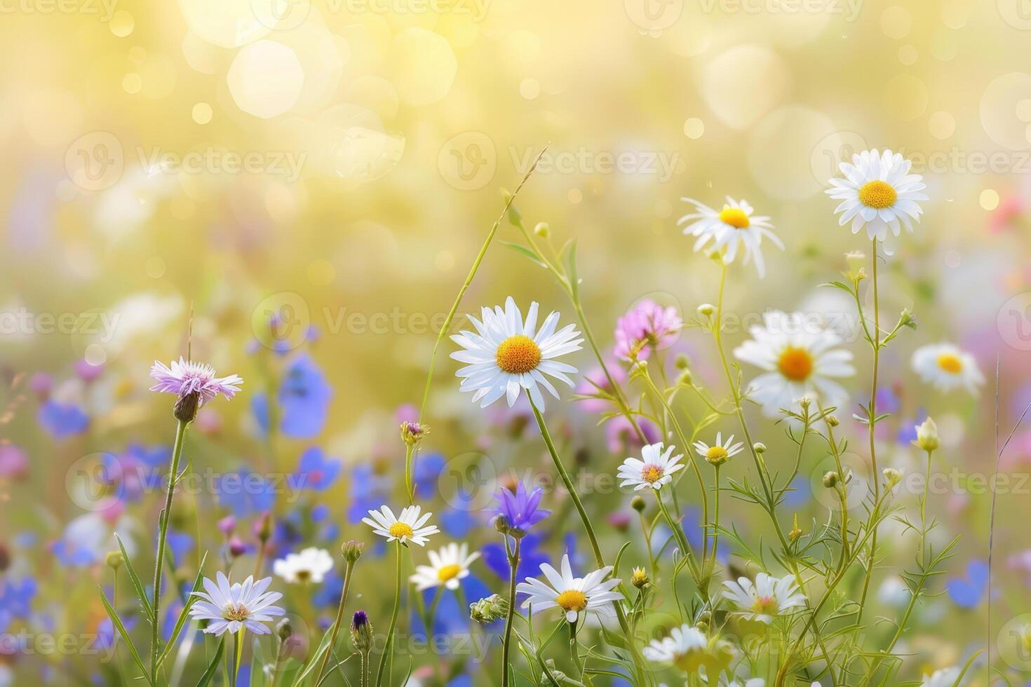wild flowers in a meadow with sunlight photo