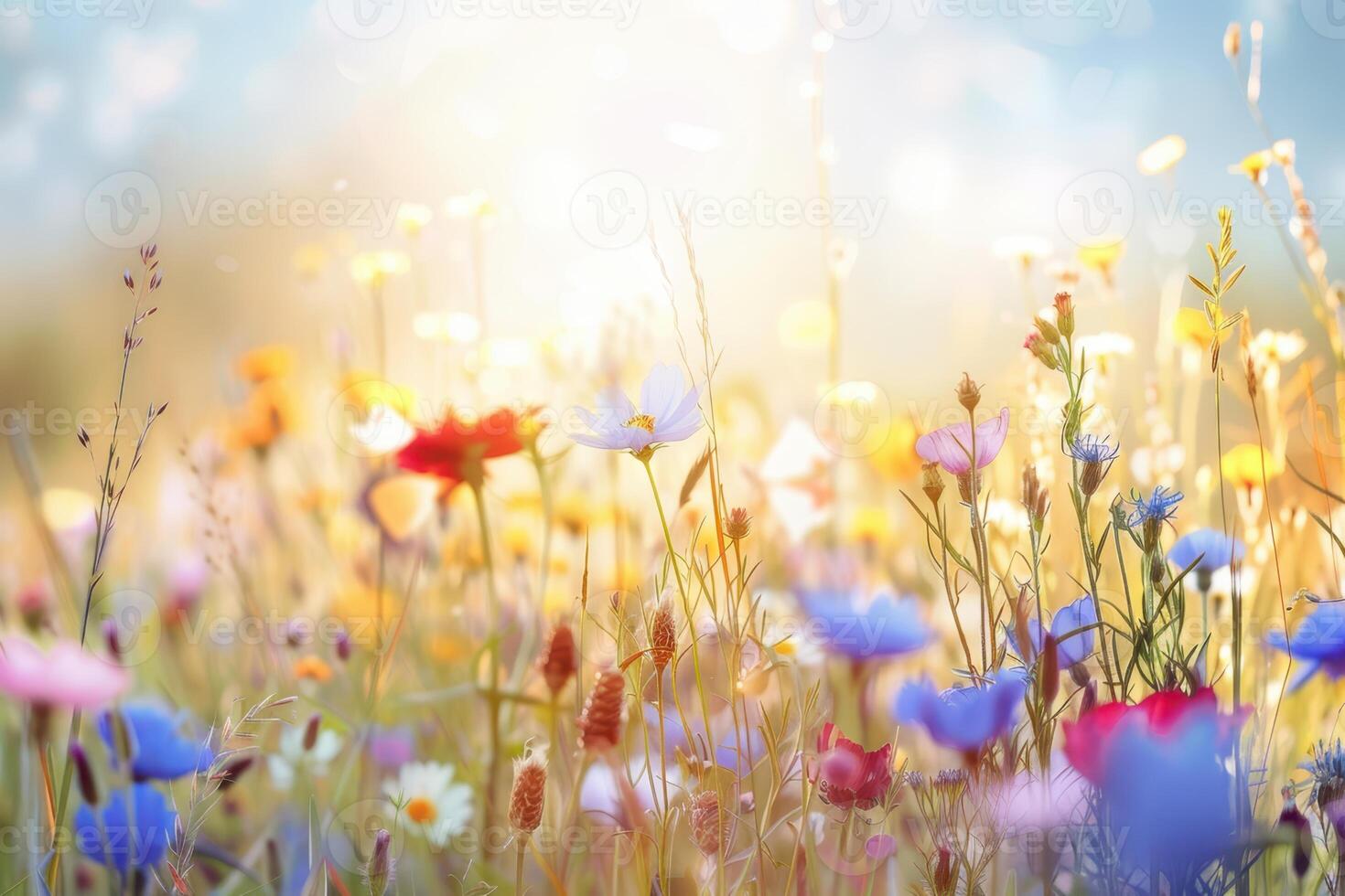wild flowers in a meadow with sunlight photo