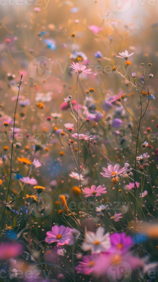 a field of wild flowers with a blurry background photo