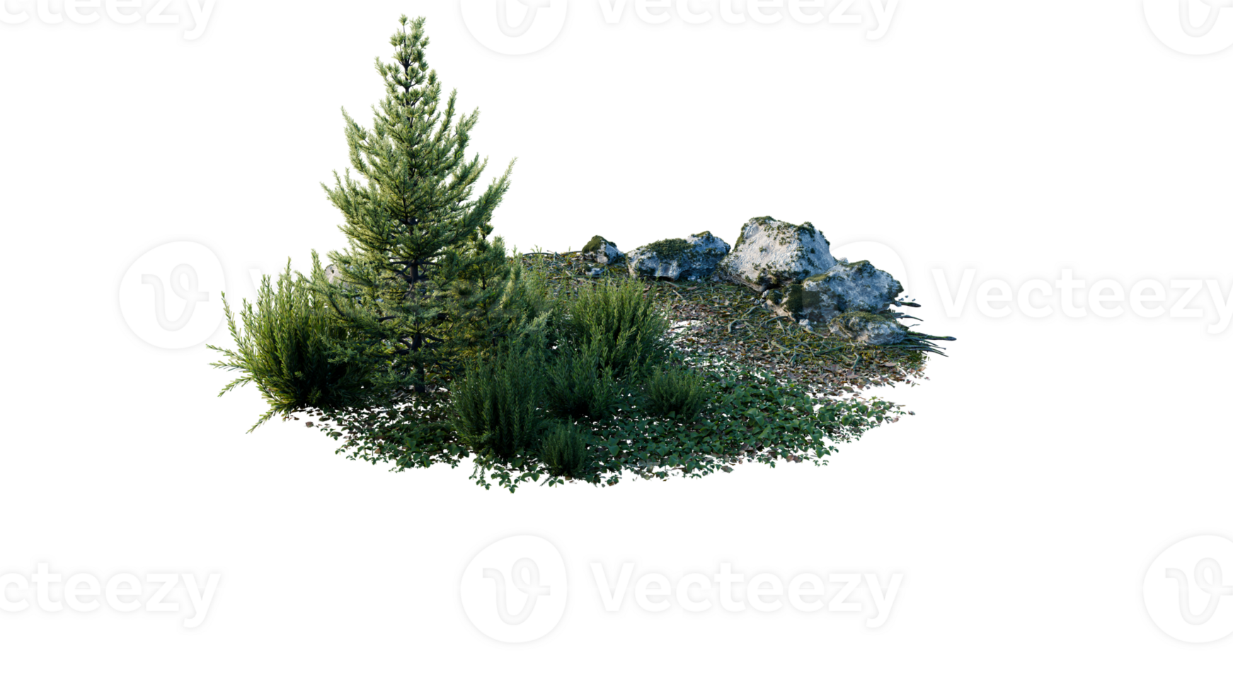 Round surface of Small Plant forest patch covered with flowers, green or dry grass and stone isolated on transparent background. Realistic natural element for design. Bright 3d png