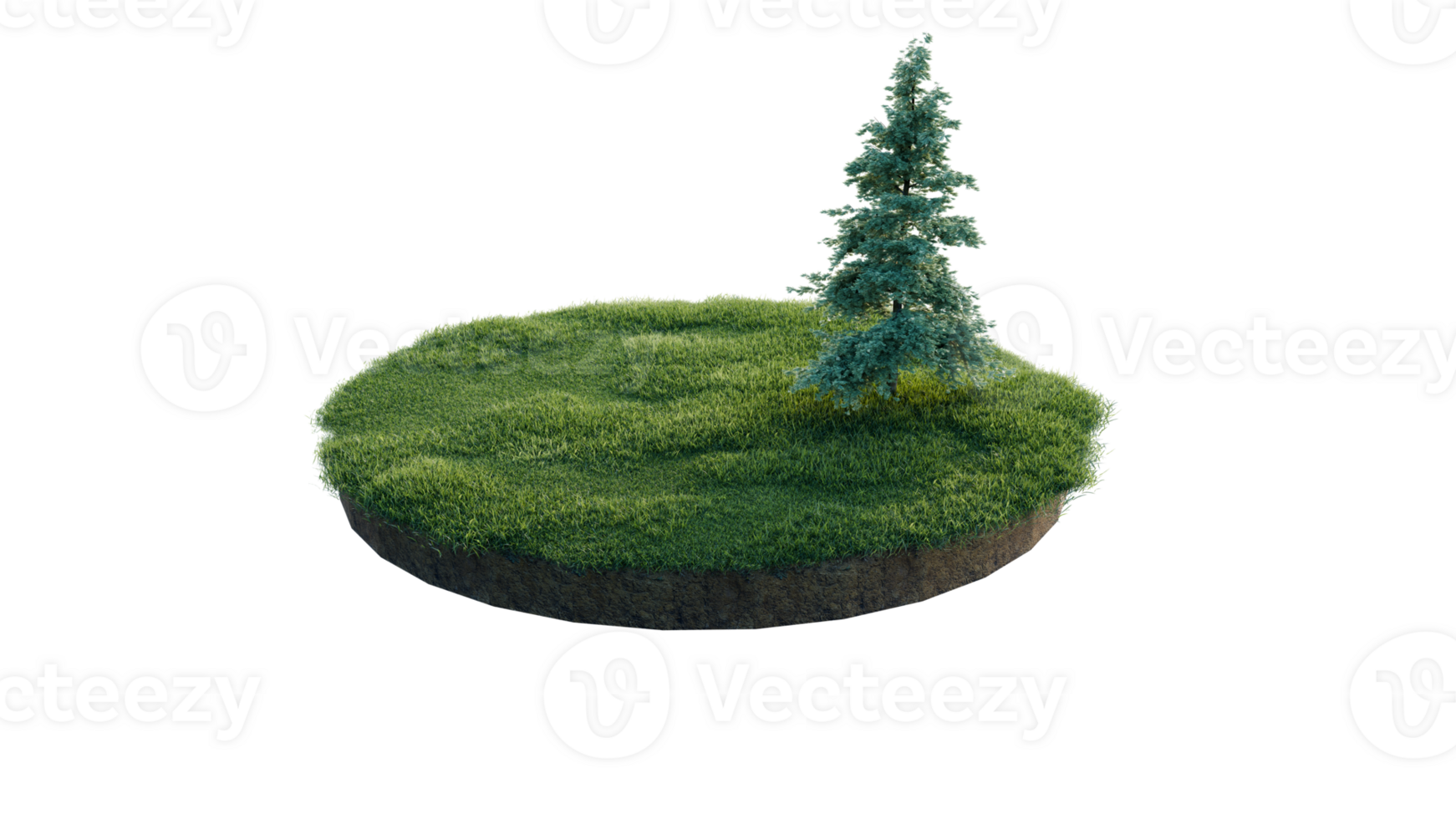 Round surface of Small Plant forest patch covered with flowers, green or dry grass and stone isolated on transparent background. Realistic natural element for design. Bright 3d png