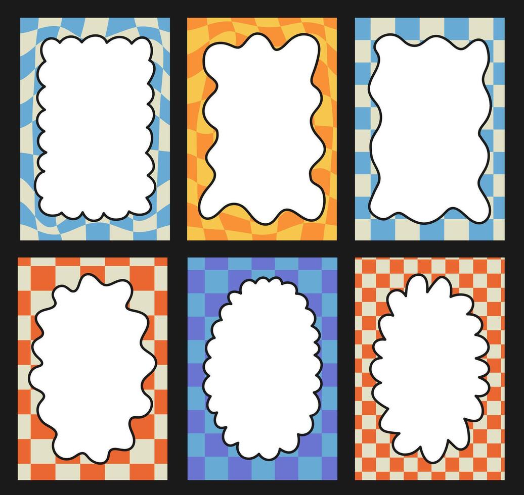set of groovy curve frame on checkered background. Drawing doodle wavy border. Circle and rectangle shape. vector