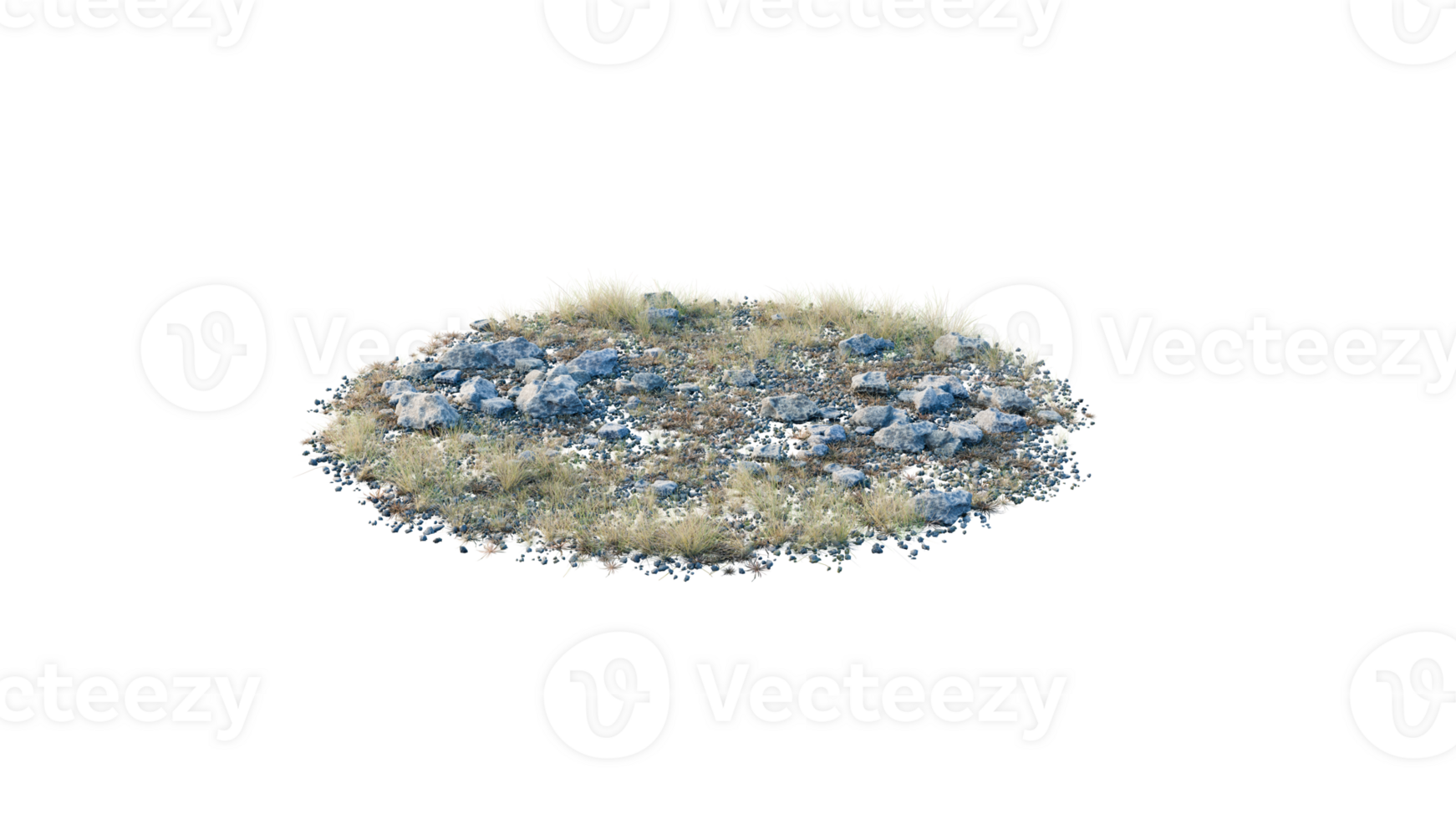 Round surface of Small Plant forest patch covered with flowers, green or dry grass and stone isolated on transparent background. Realistic natural element for design. Bright 3d png