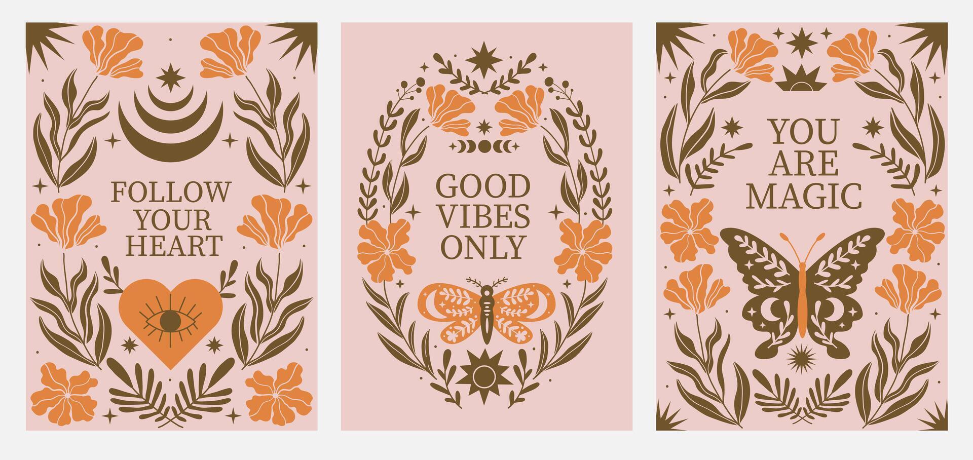 Abstract bohemian mystic posters with motivational phrases. Magic flier with moth and butterfly. Follow your heart vector