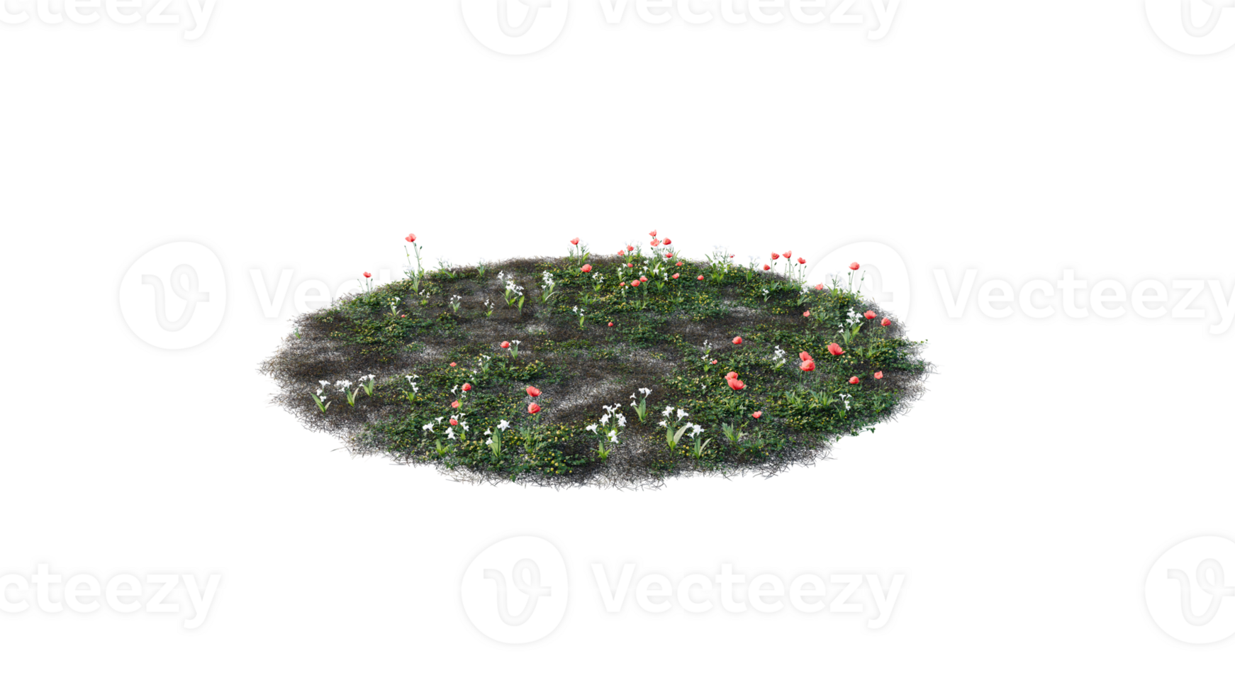 Round surface of Small Plant forest patch covered with flowers, green or dry grass and stone isolated on transparent background. Realistic natural element for design. Bright 3d png