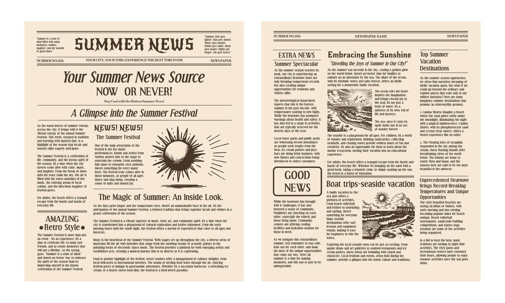 Retro newspaper with a summer theme. Trendy retro elements for collages. The texture of crumpled paper in grunge tones. vector