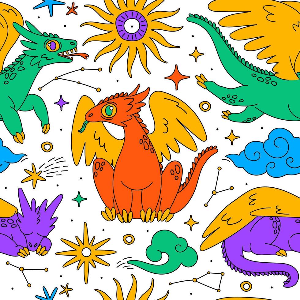 Dragons astrology seamless pattern. Fantasy lizard creature, sun, moon, star, cloud. Paper packaging design, textile, background. vector