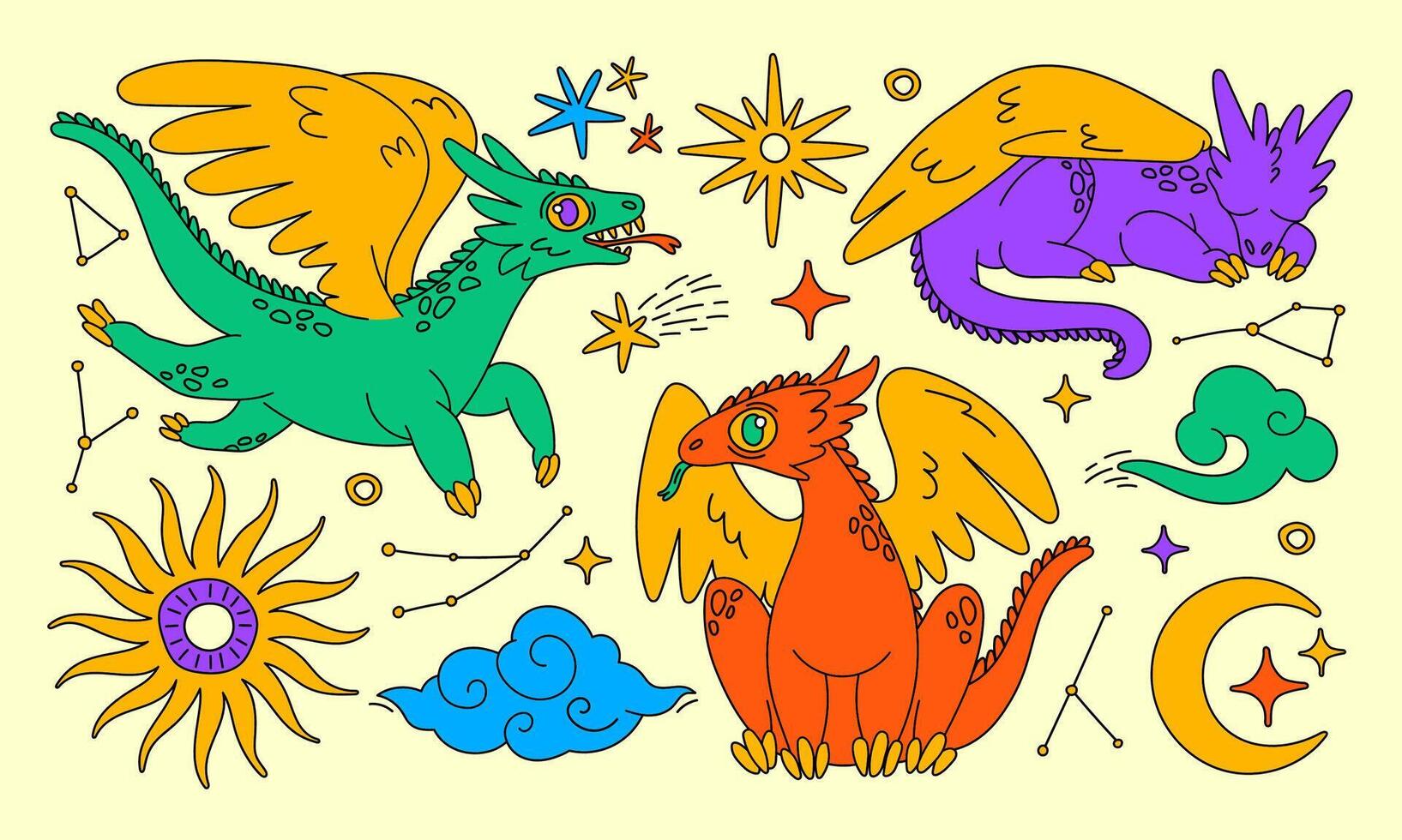 Dragons and astrology set of elements. Star, moon, cloud, sun. Legend, fairy, magic, myth creature, lizard, reptile. Modern trendy style. Childish design. vector