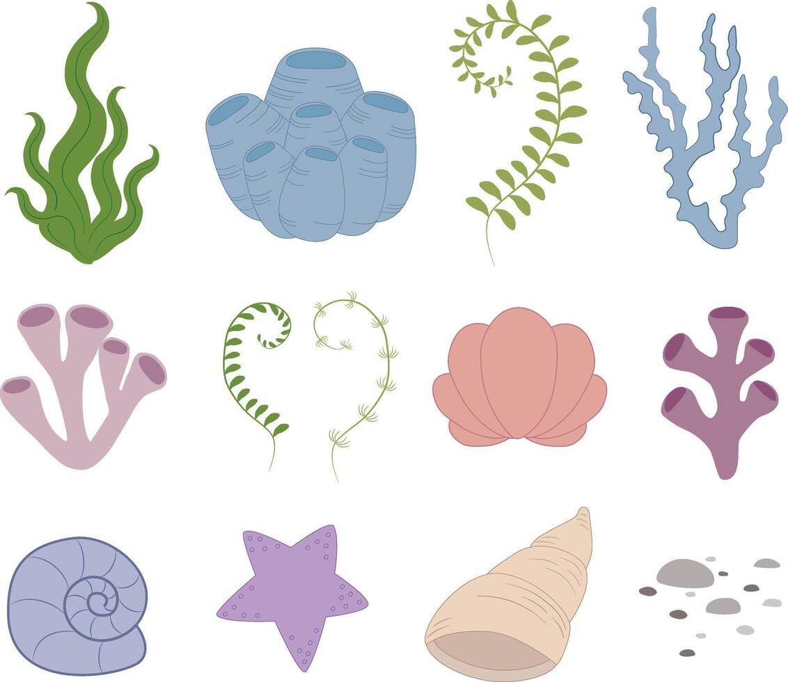 Sea clipart with tropical coral reefs and algaes. Ocean plants flora elements vector