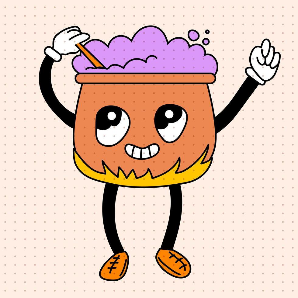 Groovy cartoon style cauldron character. Retro style cauldron with potion. Vintage Halloween illustration on isolated background. Anthropomorphic cauldron character with arms and legs vector