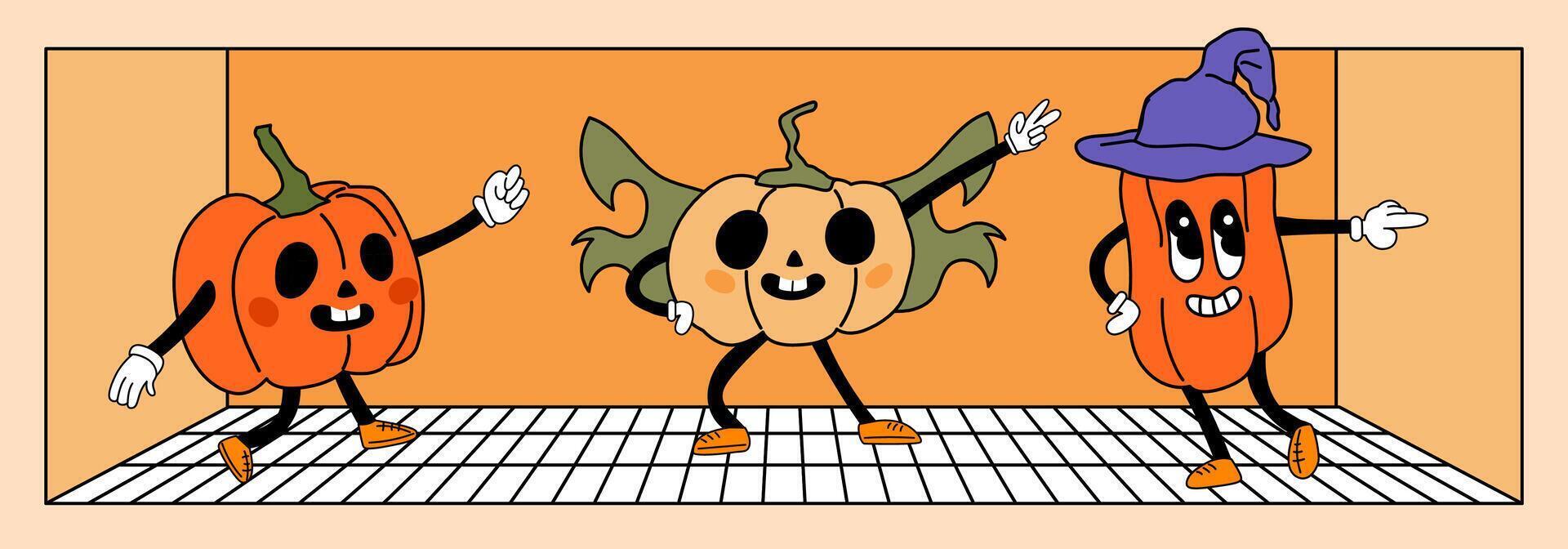 Set of groovy cartoon style pumpkin characters that dancing. Happy Halloween illustration. Pumpkin on the dance floor. Retro style Jack Olantern. Anthropomorphic pumpkin character with arms, legs vector
