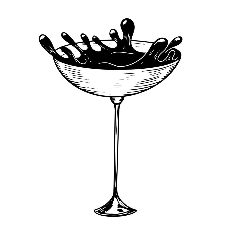 Black and white glass of spilled cocktail isolated in white background. Splash drink. Sketch style glass of alcohol drink. Beverage drawing with hatching vector