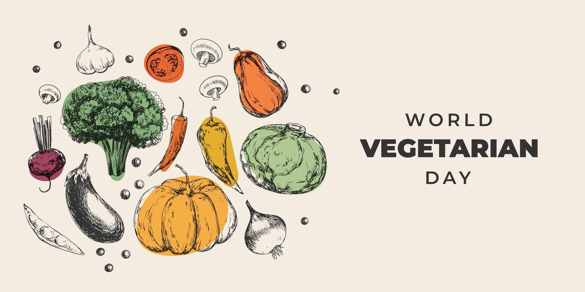 World Vegetarian Day banner with vegetables. Poster with paprika, broccoli, eggplant, onion, mushroom, garlic, peas, tomato, chilli, beetroot. Sketch style vegetables. Engraving style healthy food vector