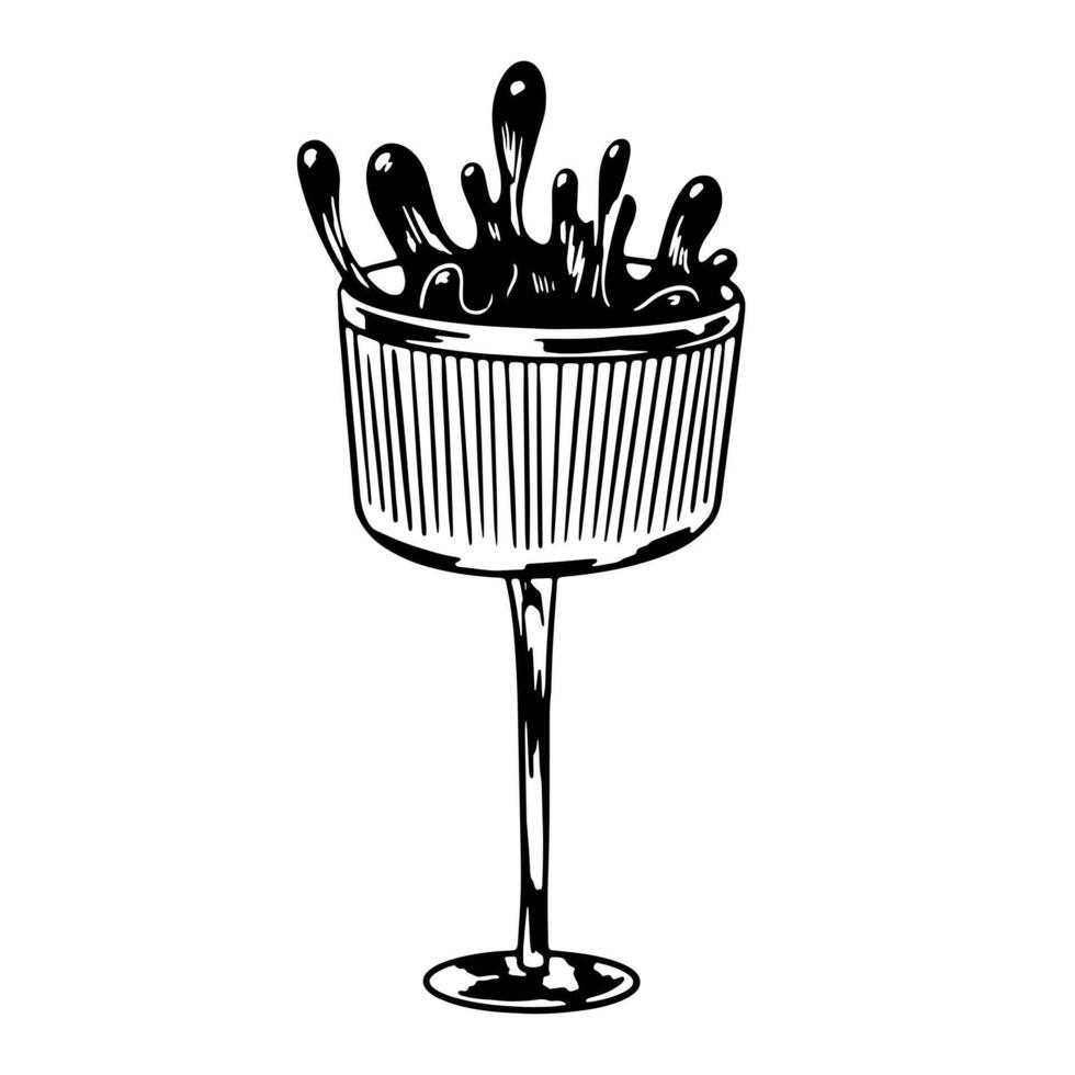 Black and white glass of spilled cocktail isolated in white background. Splash drink. Sketch style glass of alcohol drink. Beverage drawing with hatching vector