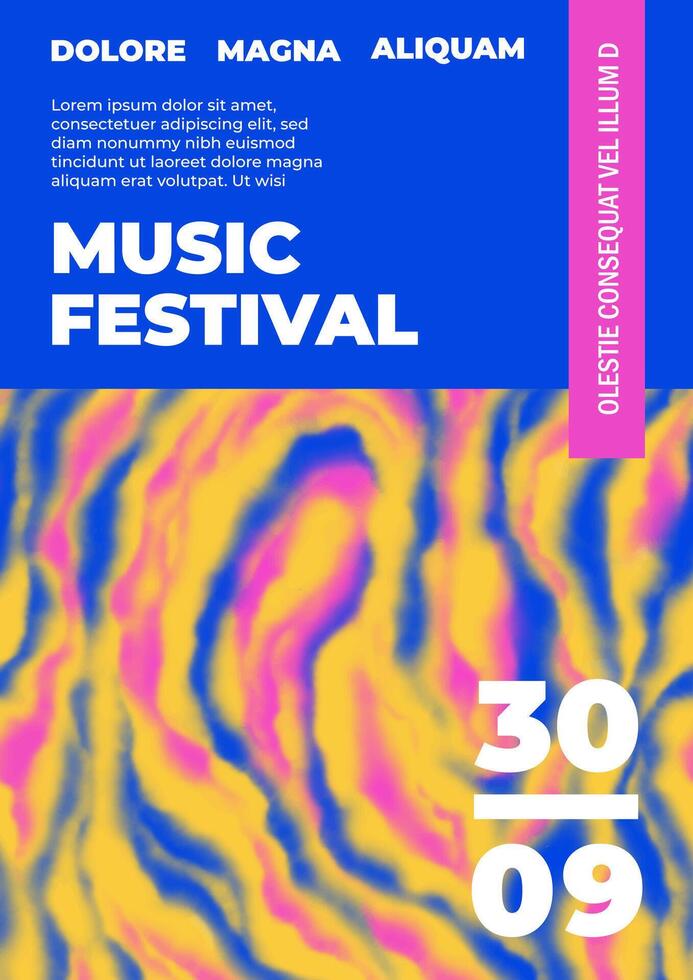Music festival poster template with pattern. Banner with watercolor wavy abstract pattern. Blurred orange, blue and pink marble or liquid texture. Fest placard with typography vector