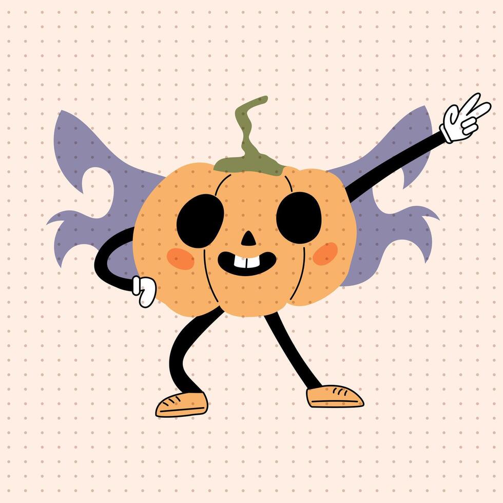 Groovy cartoon style pumpkin with bat wings character that dancing. Retro style Jack Olantern. Vintage Halloween pumpkin on isolated background. Anthropomorphic pumpkin character with arms and legs vector